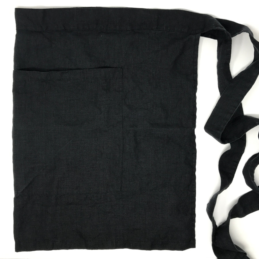 Black Linen Half Apron with Pocket
